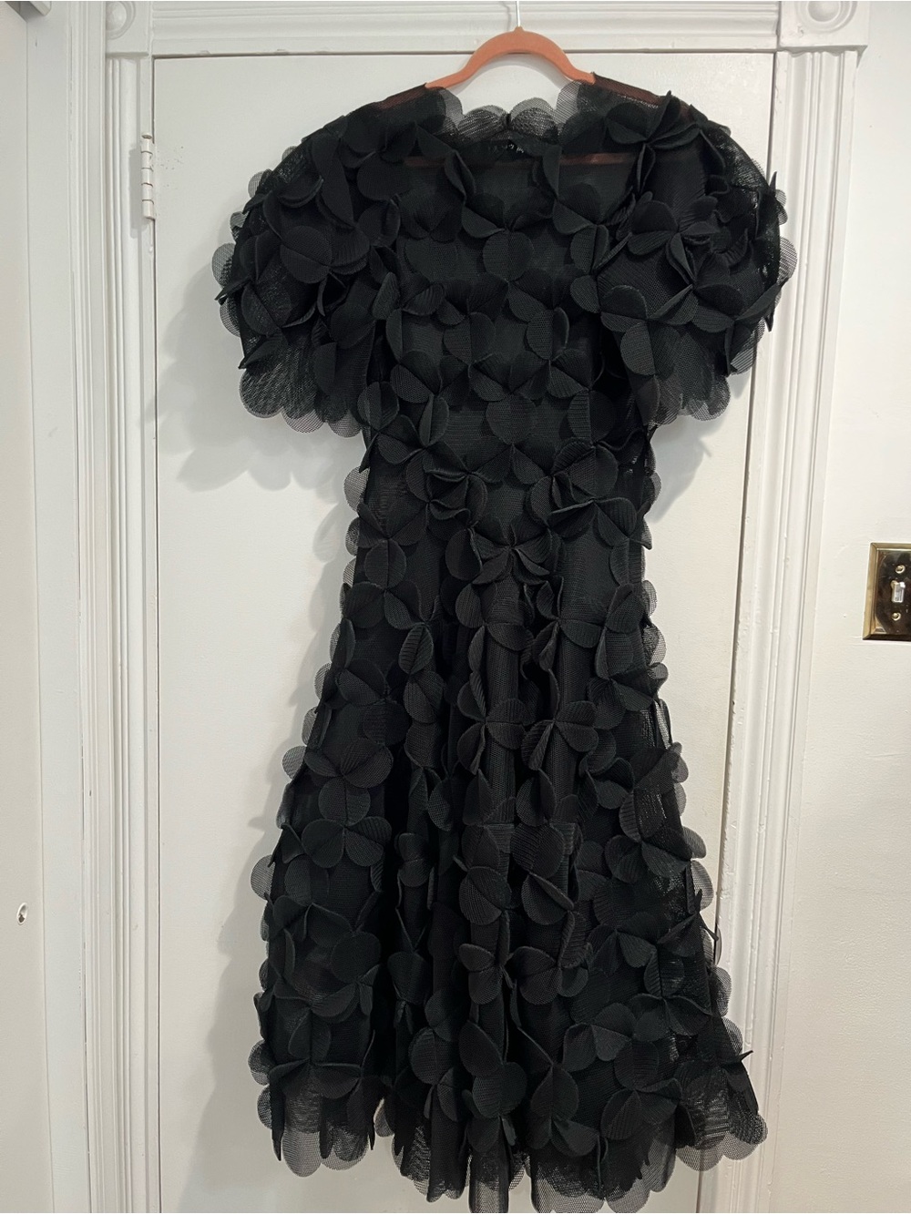 PASKAL Black Laser Cut Floral Appliqué Textured Puff-Sleeve Midi Dress Sz. M - Picture 4 of 11